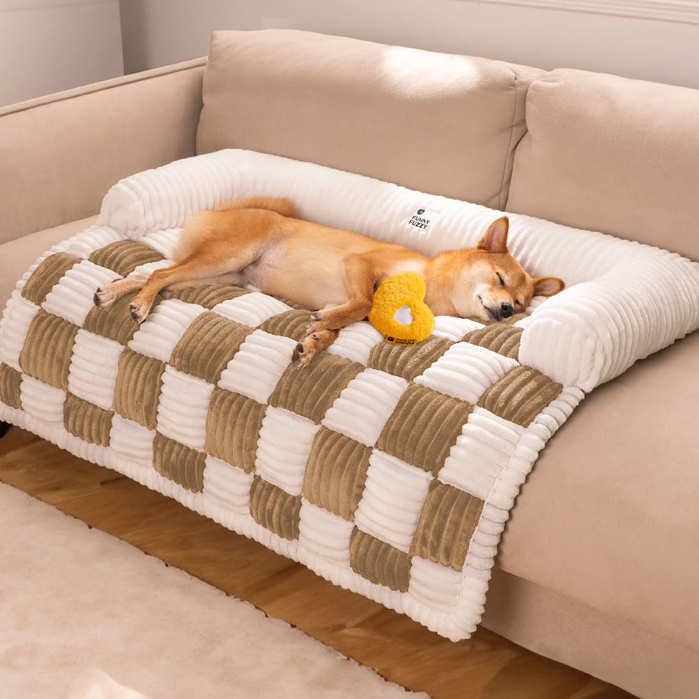 Funny Fuzzy pet couch cover cream plaid protects sofas with plush comfort.