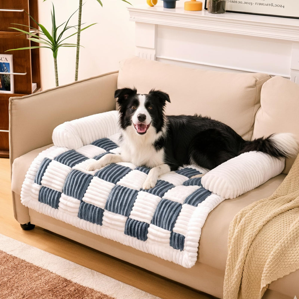 Funny Fuzzy pet couch cover in cream square plaid protects furniture while adding pet comfort.
