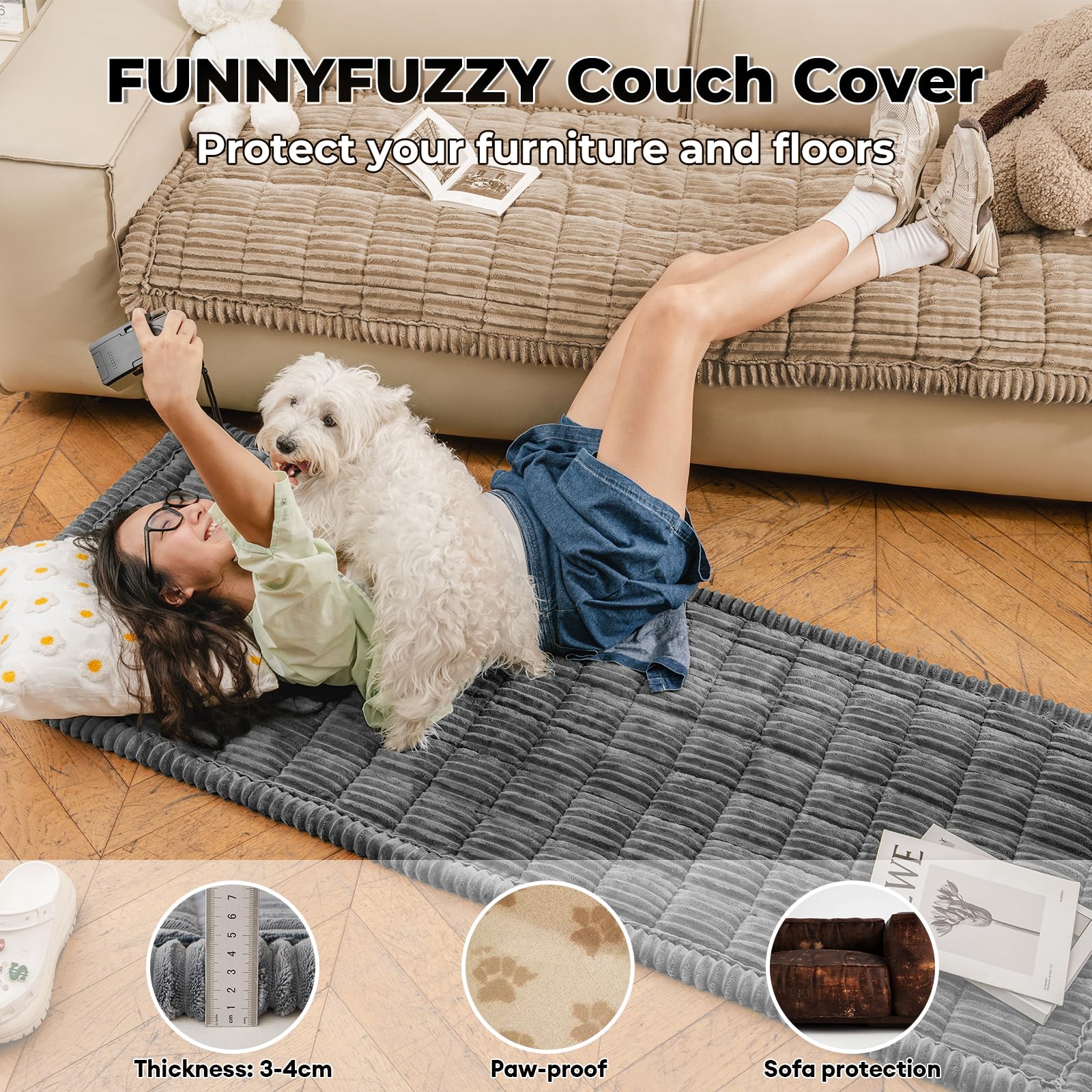 Funny Fuzzy light brown cover is machine washable for easy cleaning after messes.