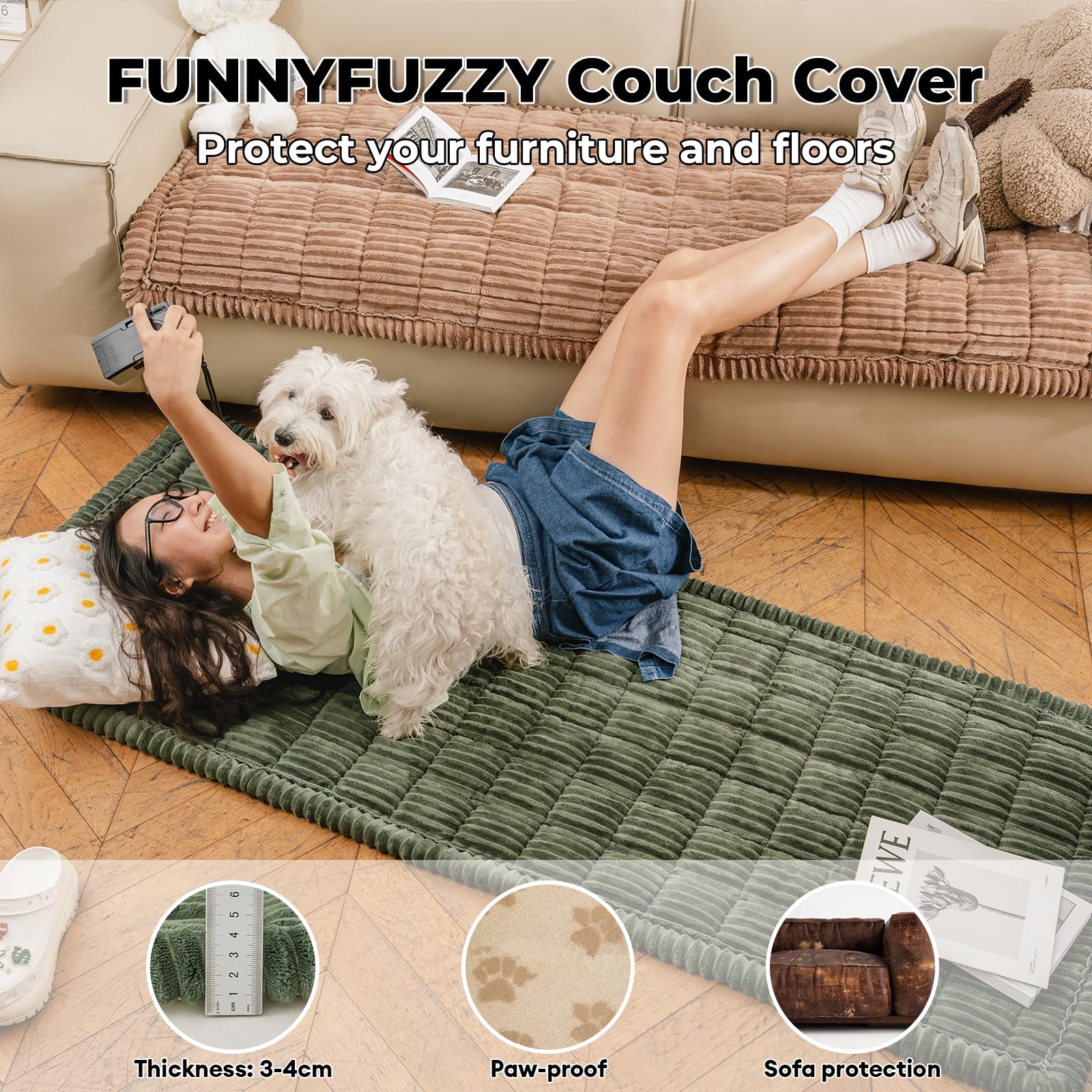 Funny Fuzzy sofa protector image shows stain and scratch defense for pet homes.