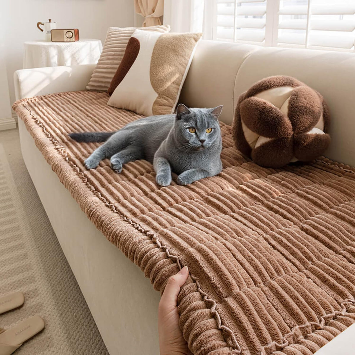 Funny Fuzzy pet couch cover in soft flannel protects sofas while keeping pets cozy.