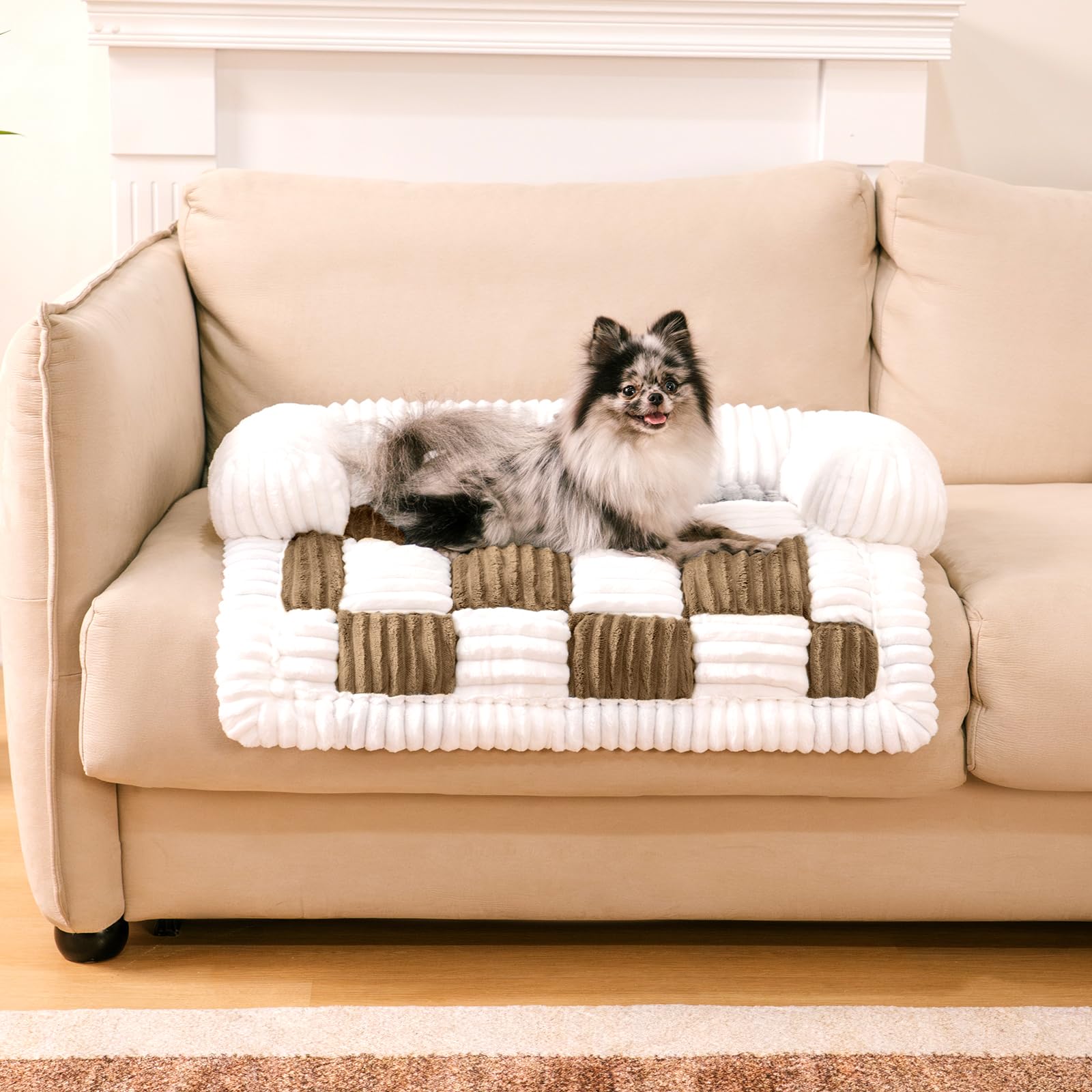 FUNNY FUZZY pet couch covers in cozy cream plaid protecting furniture during everyday lounging