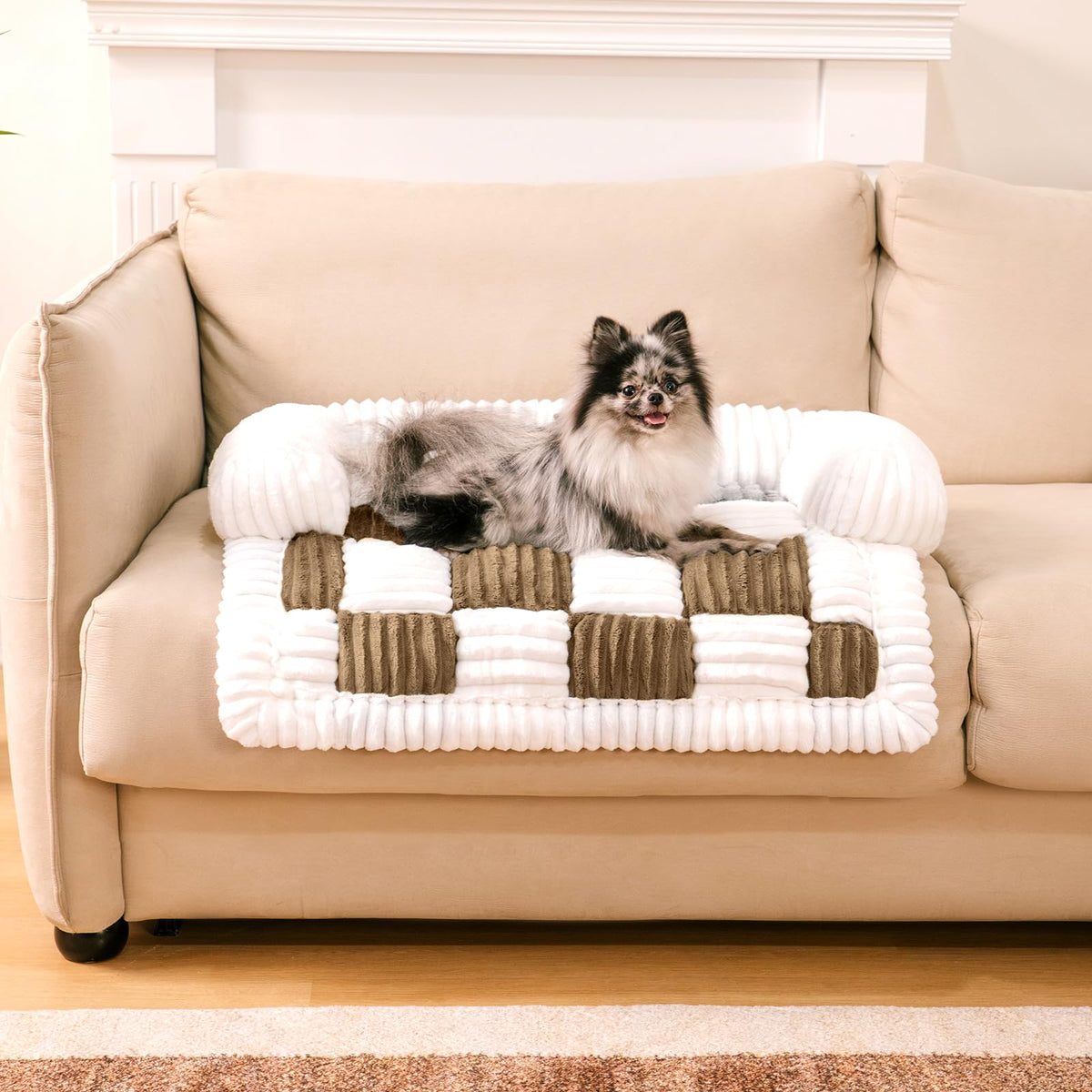 FUNNY FUZZY pet couch covers in cozy cream plaid protecting furniture during everyday lounging