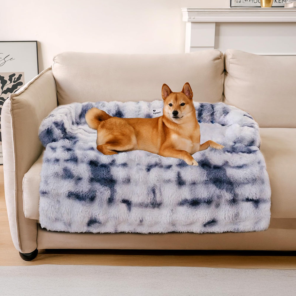 Funny Fuzzy pet fluffy couch cover closeup highlights ultra-soft fabric for calming naps and sofa protection.