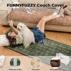 Funny Fuzzy sofa protector highlighting stain and scratch defense.