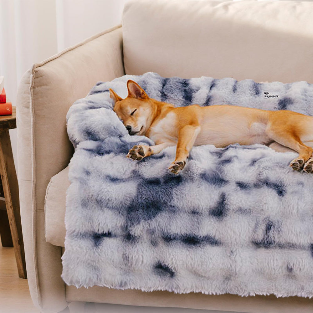 Funny Fuzzy tie-dye blue bed demonstrates large lounging space and simple care.