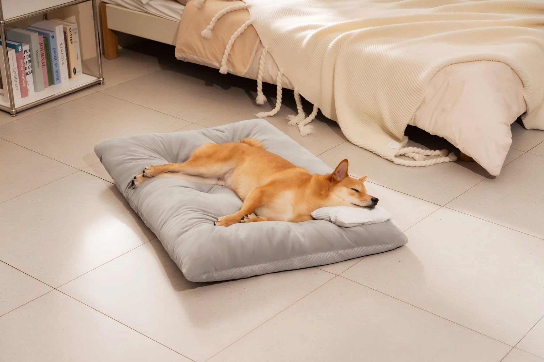 Funny Fuzzy Washable Dog Bed low-profile-3-2-inch shows slim profile suitable as bed topper.