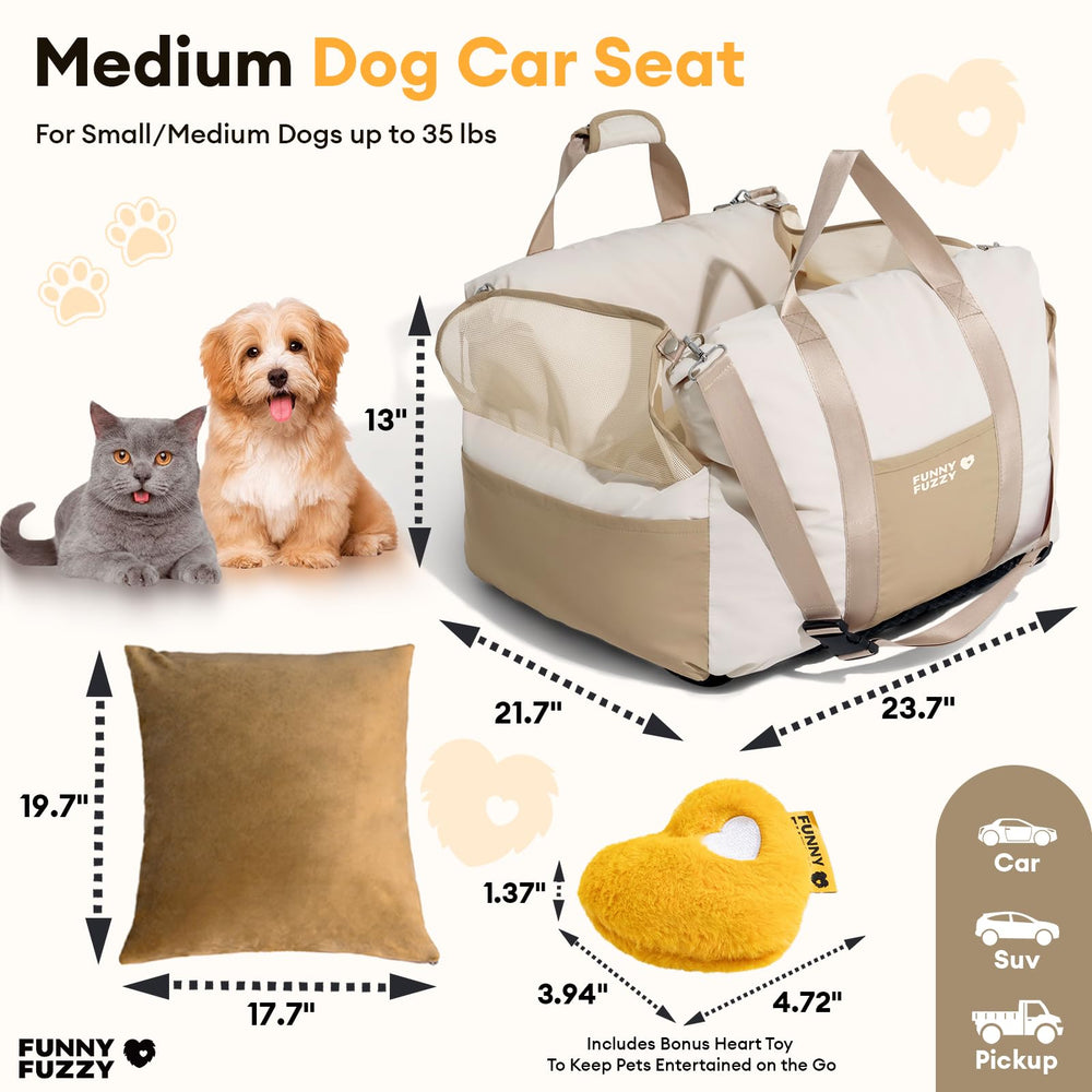 Funny Fuzzy waterproof dog car seat beige, front-angle view, keeps small dogs secure on rides.