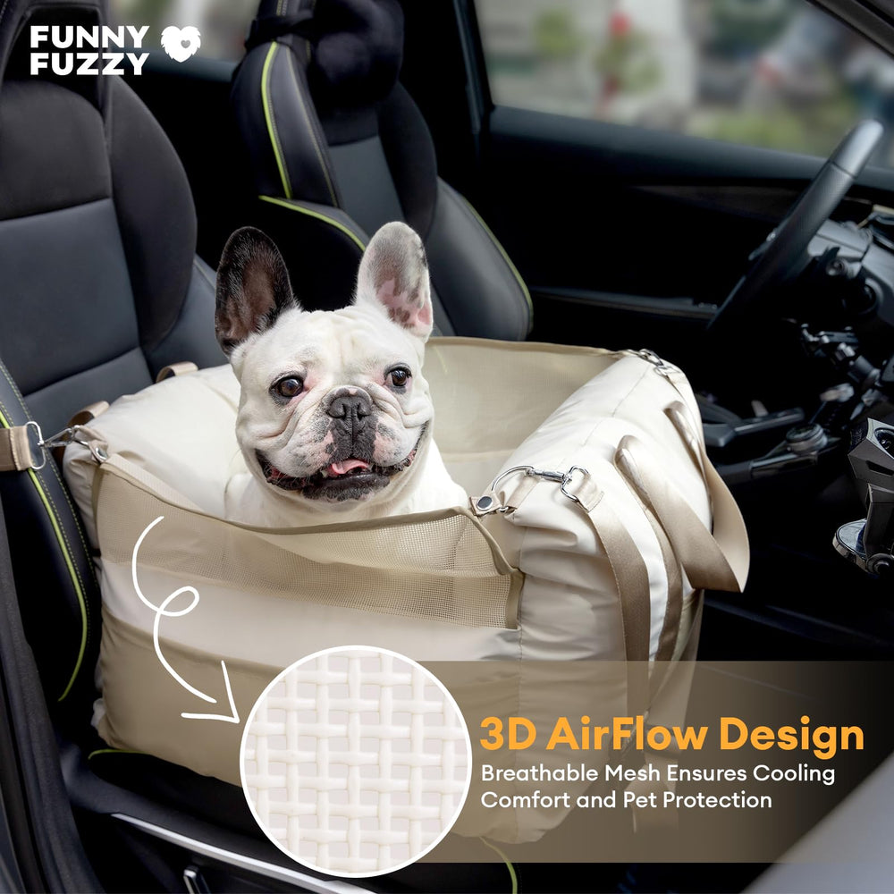 Funny Fuzzy dog car seat in use during a road trip or vet visit.