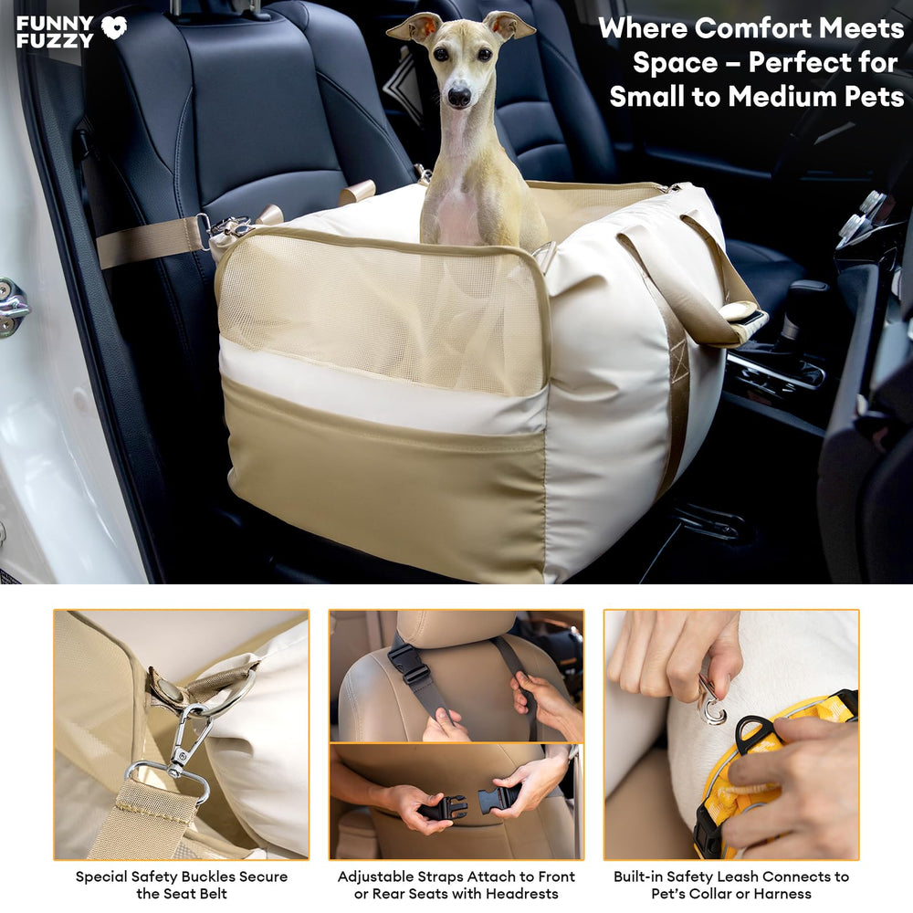 Funny Fuzzy car seat with side pockets, stores treats and toys.