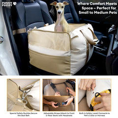 Funny Fuzzy car seat with side pockets, stores treats and toys.