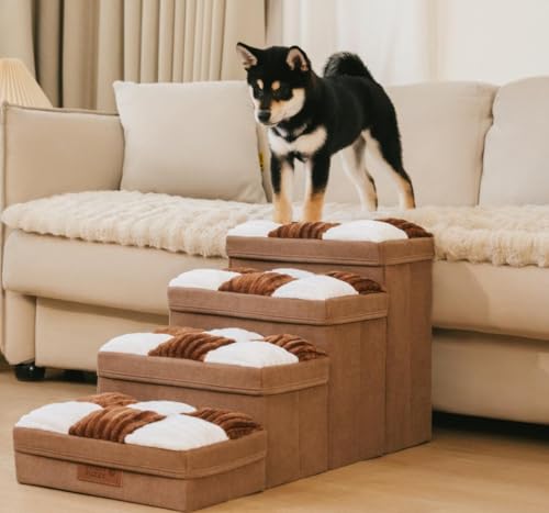 Funny Fuzzy dog stairs storage compartments for keeping treats and toys.