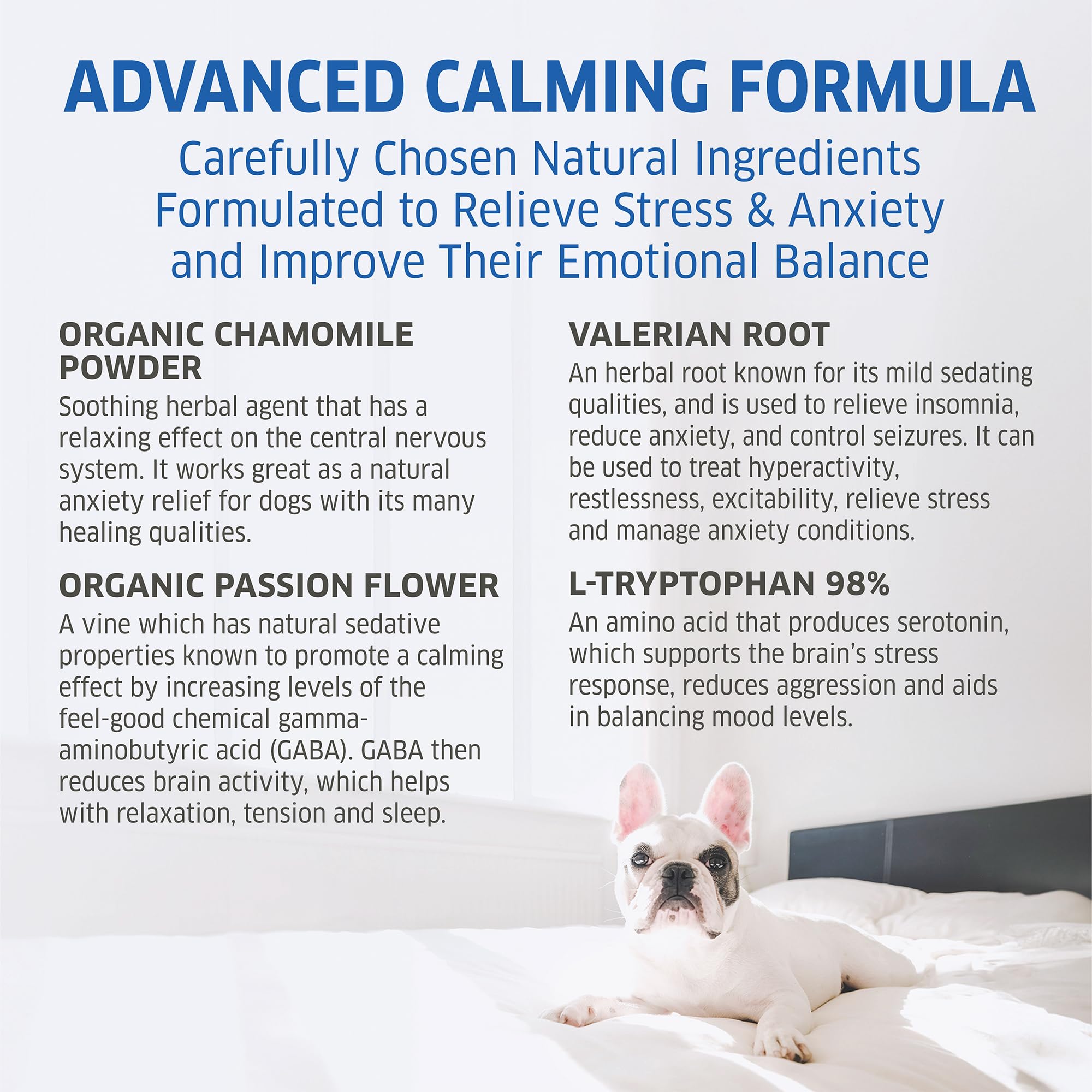 Fur Belly Hemp Calming Chews ingredients photo featuring Passionflower, Valerian, L-Tryptophan.