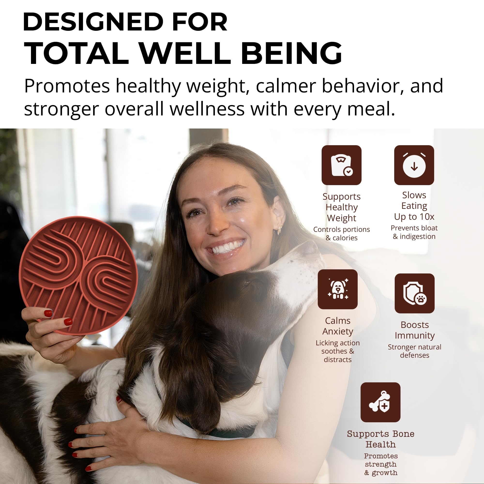 Fur-Brained slow feeder bowl mocha with two-cup capacity for small to medium pets