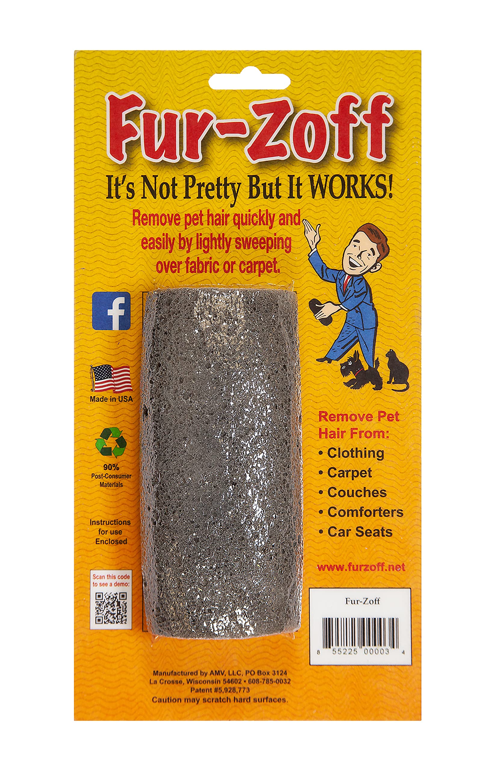 Fur-Zoff Pet Hair Remover on car interior quickly lifts dog and cat hair.