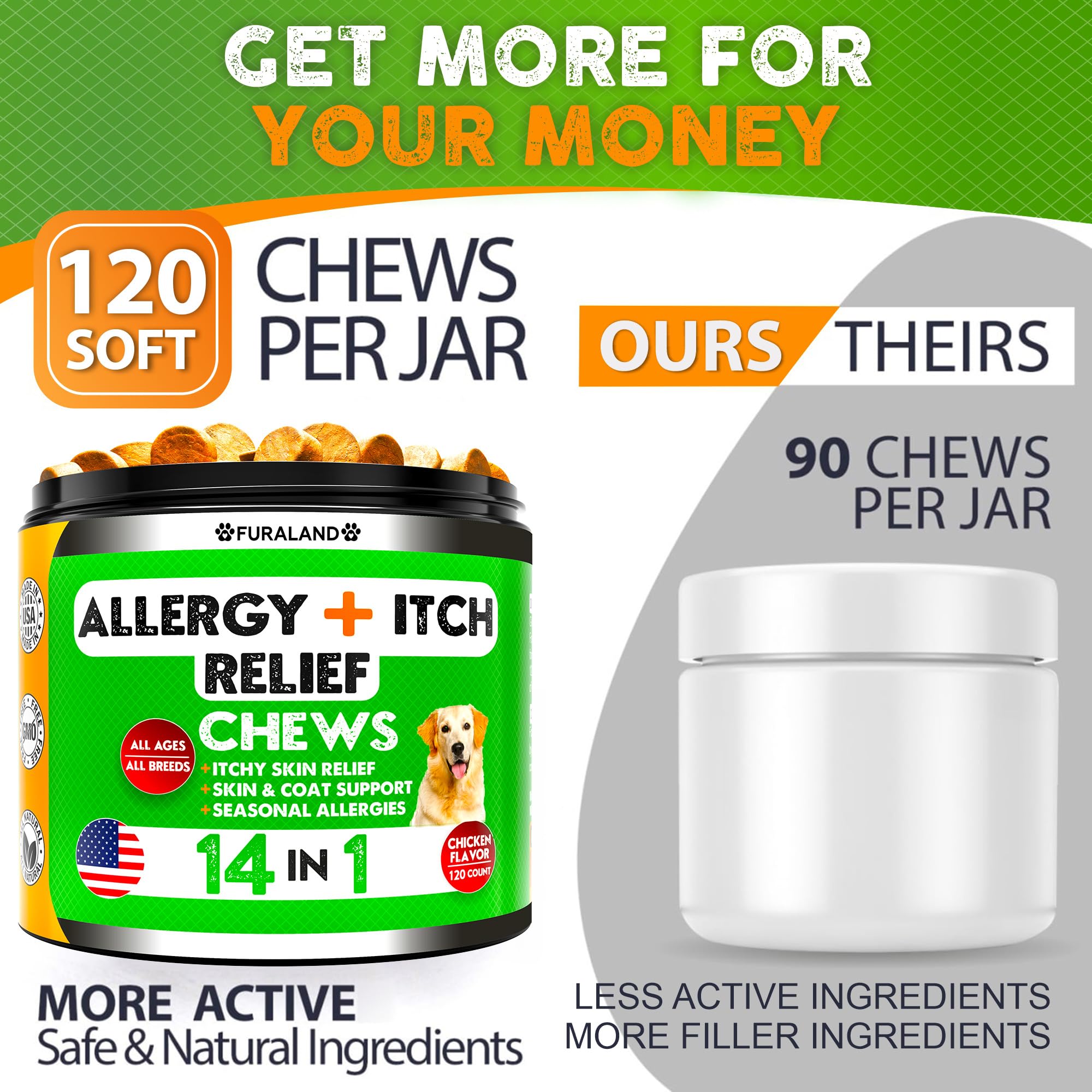 FURALAND Dog Allergy Relief Chews Omega-3 focus, supports skin and coat health.