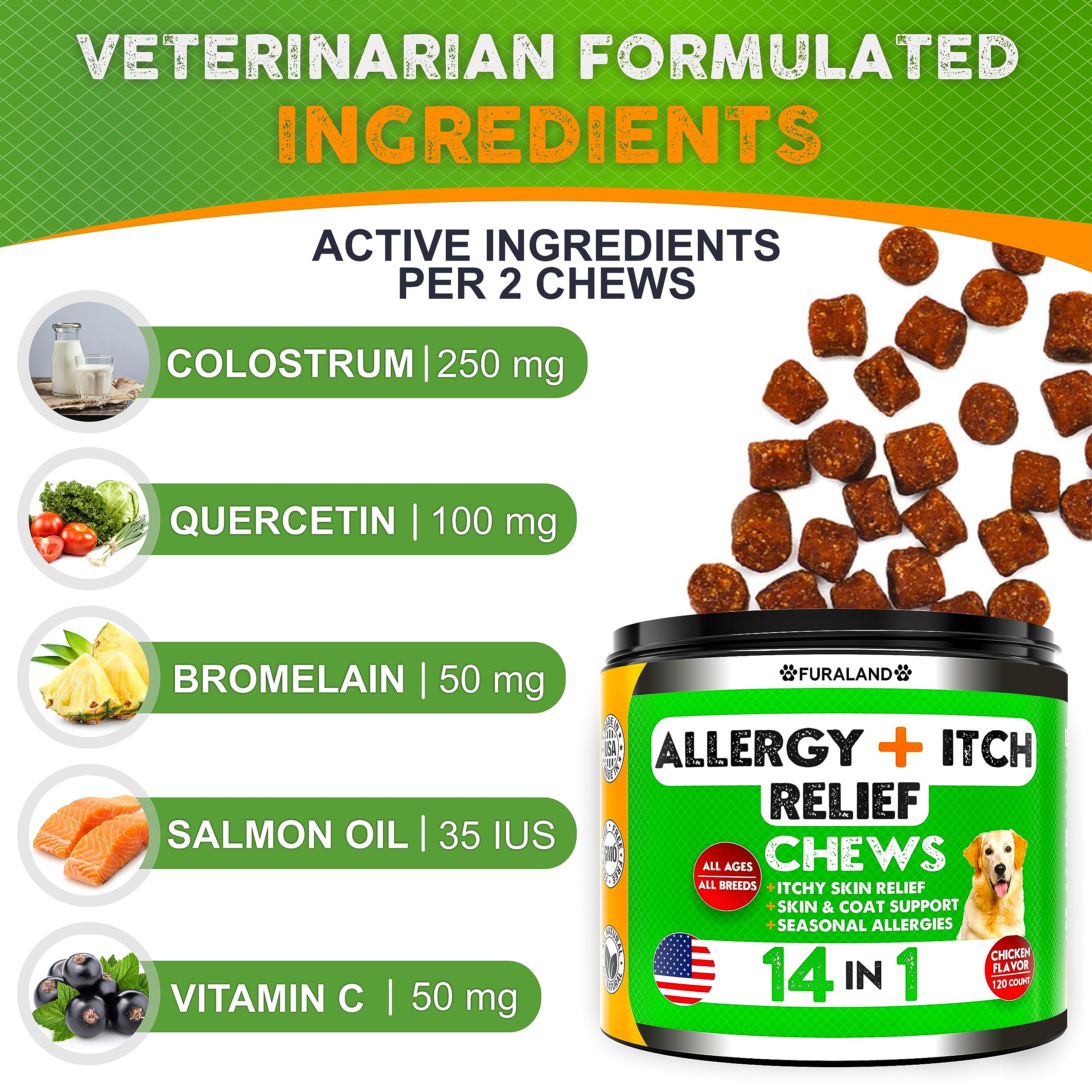 FURALAND Dog Allergy Relief Chews paw-licking focus suggests symptom-support potential.