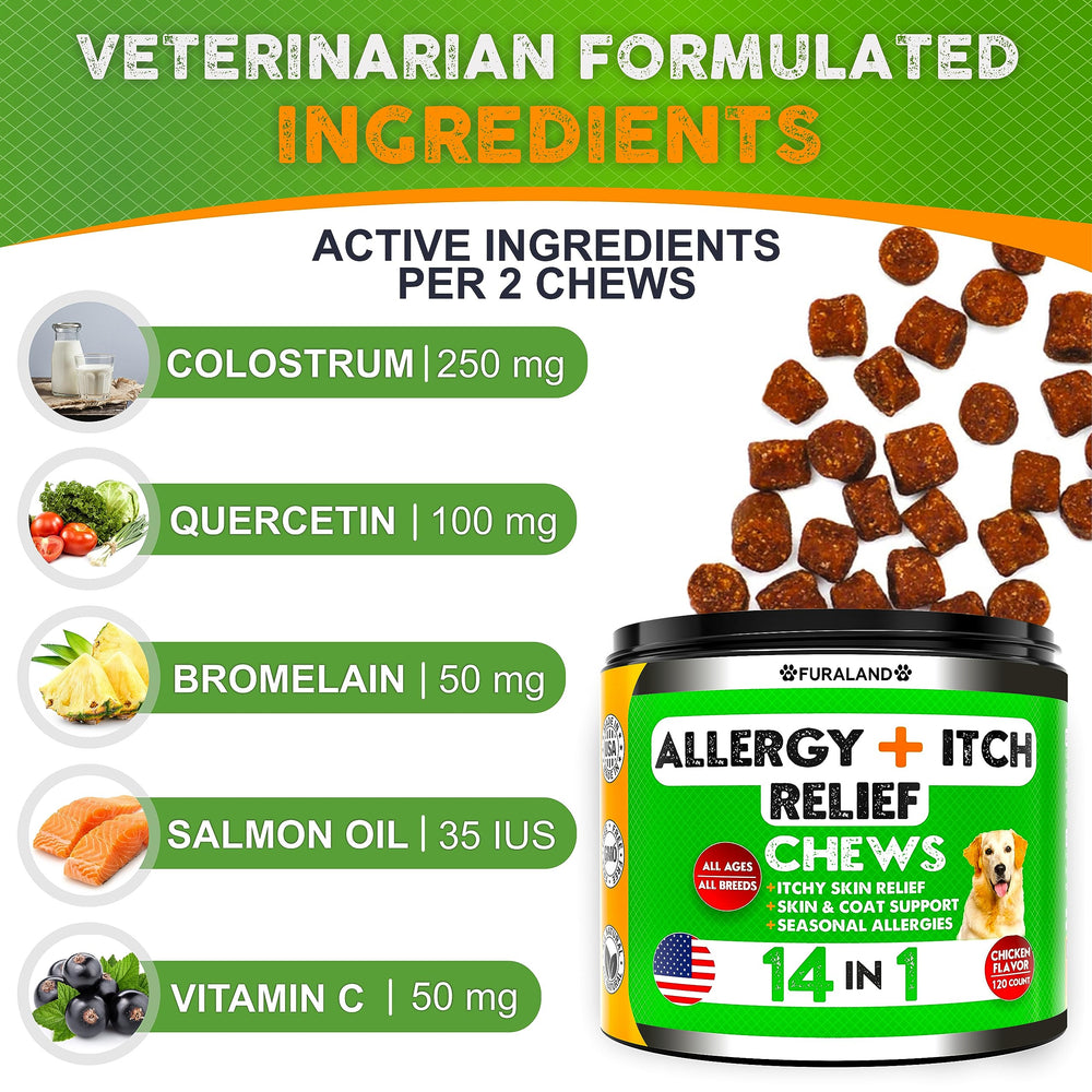 FURALAND Dog Allergy Relief Chews paw-licking focus suggests symptom-support potential.