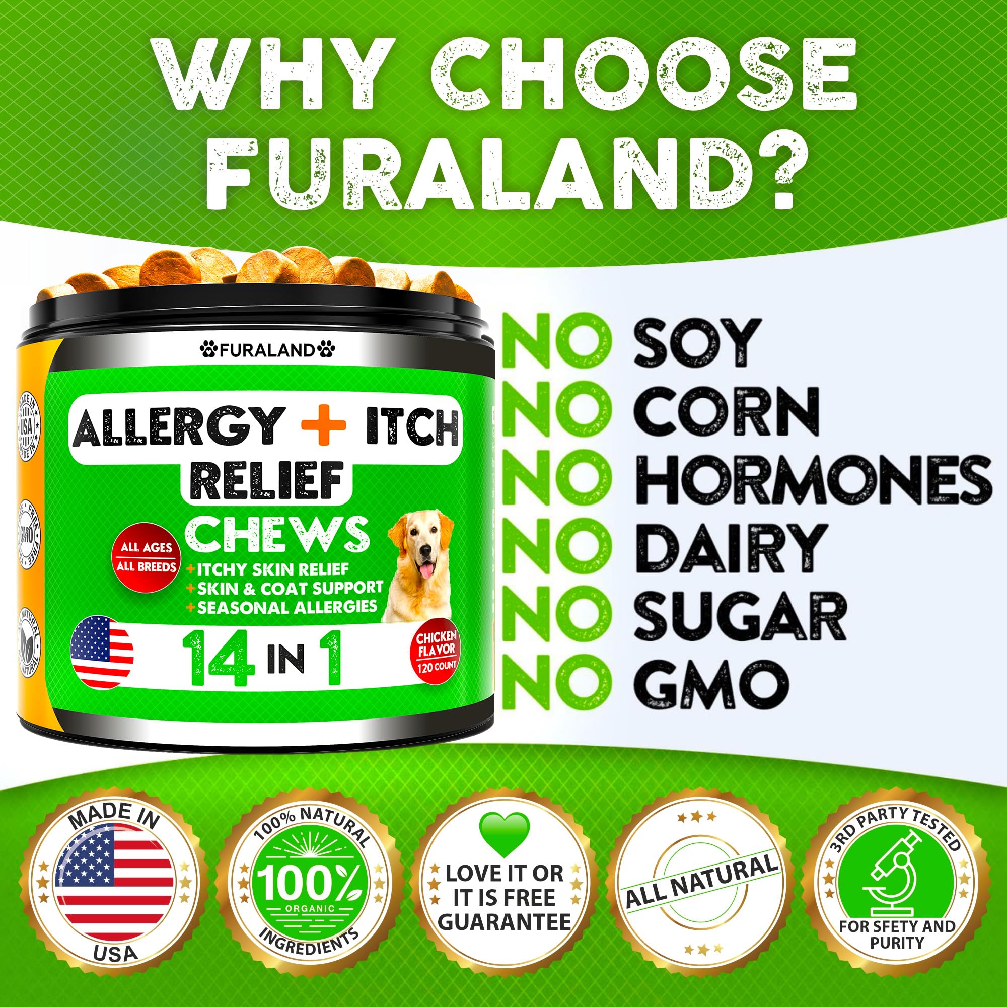 FURALAND Dog Allergy Relief Chews serving focus, easy daily treat.