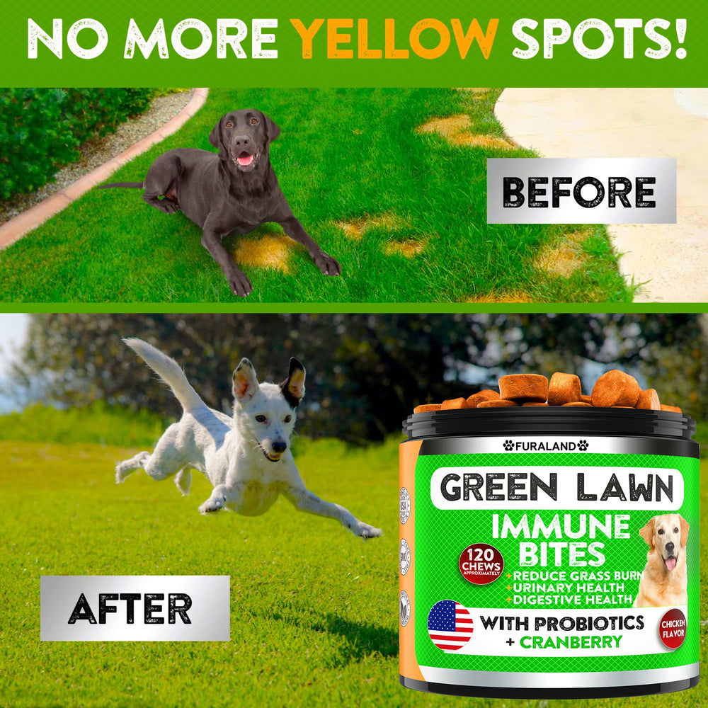 FURALAND Grass Burn Spot Chews tub highlighting many pieces for probiotic support and easy feeding.