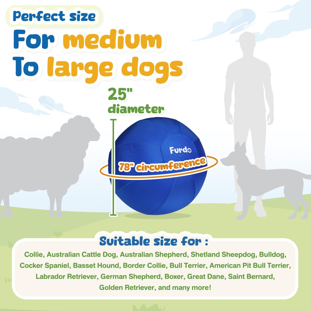 Furdo 25in Herding Ball medium-large-dogs-fit indicates ideal sizing for Aussies and Labs.