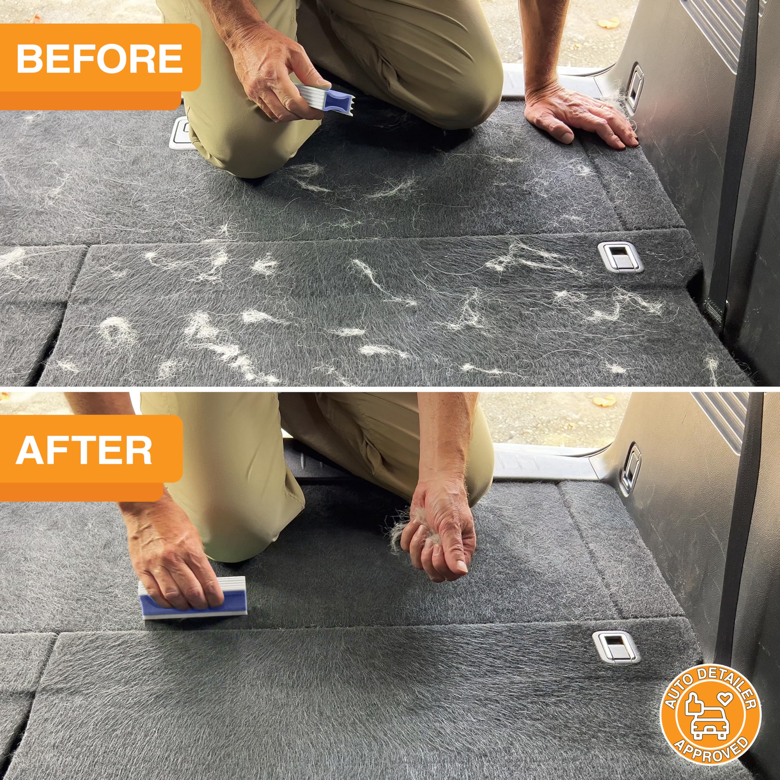 Neater Pet Brands FurDozer car interior cleaning in action removes pet hair.