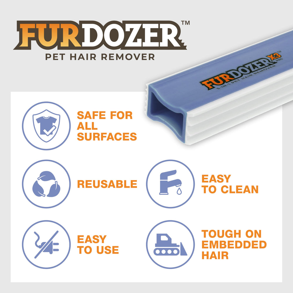 Neater Pet Brands FurDozer couch cleanup shows gentle rubber on delicate fabrics.