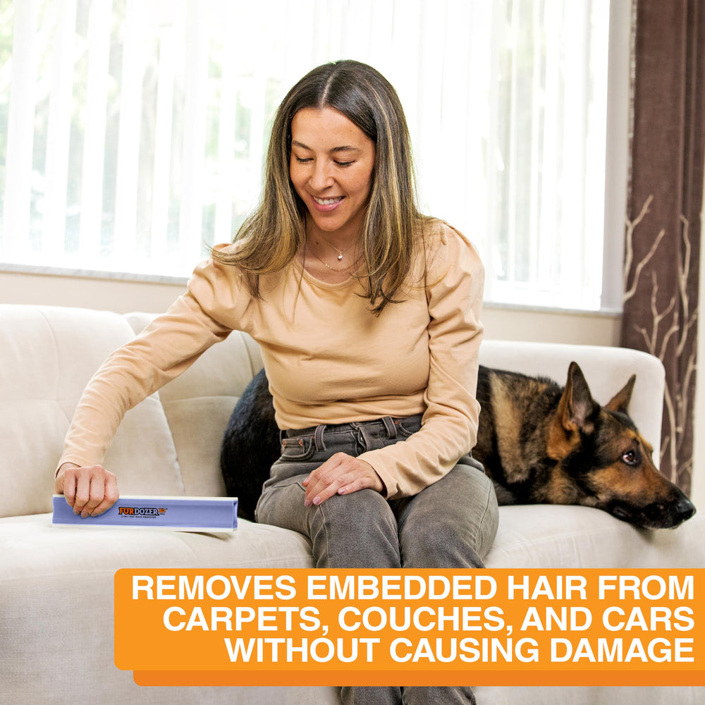 Neater Pet Brands FurDozer textured pad edge removes embedded hair without fabric damage.