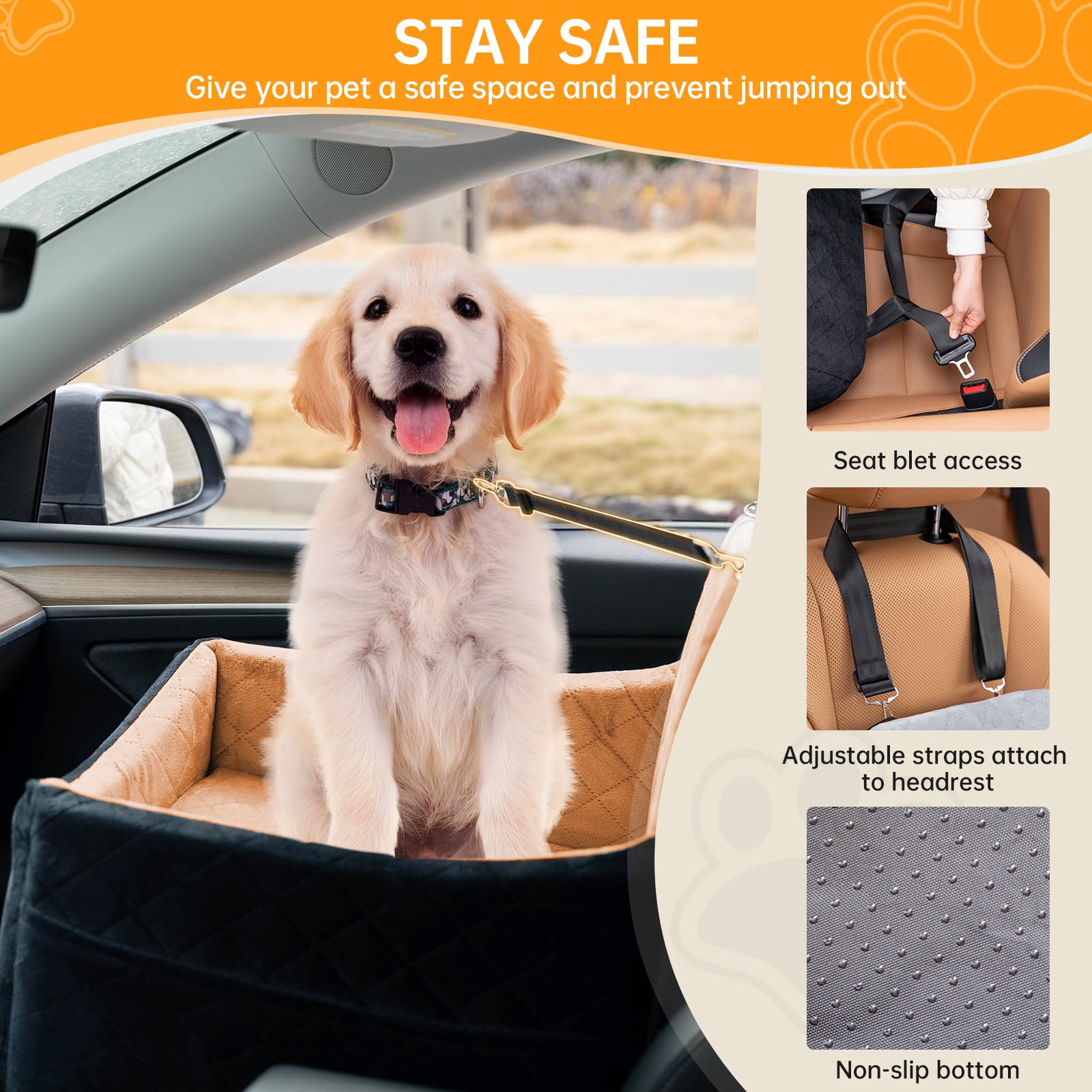 FurFrolic memory foam dog booster seat storage pockets keep essentials handy.