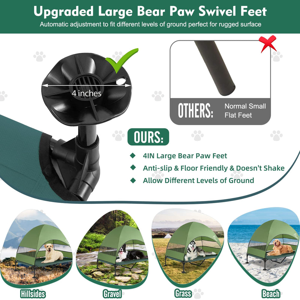 Furggis elevated dog bed canopy front view highlights breathable airflow for sunny days.