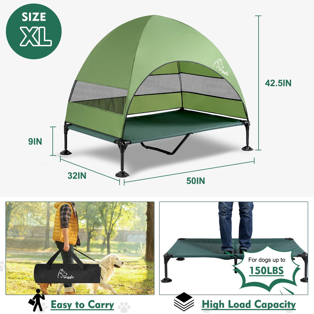 Furggis elevated dog bed outdoor camping use shows portable shade and elevated rest.