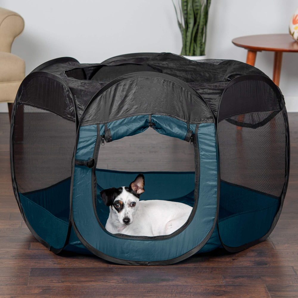 Furhaven Sailor Blue Medium playpen removable top for ventilation