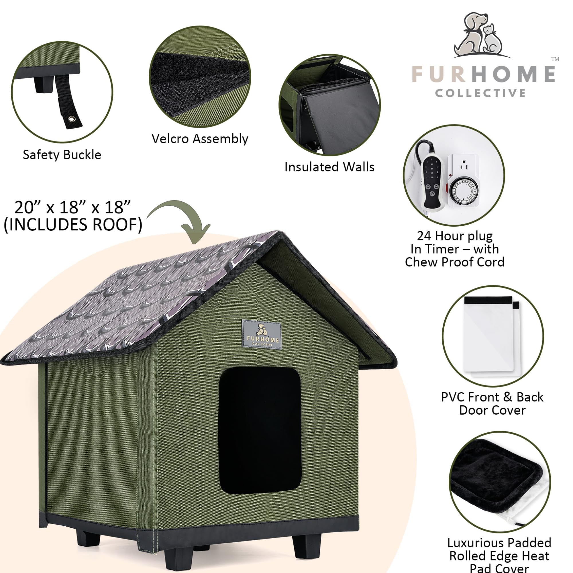 FurHome Collective heated cat house showing the separate heating pad for warmth.