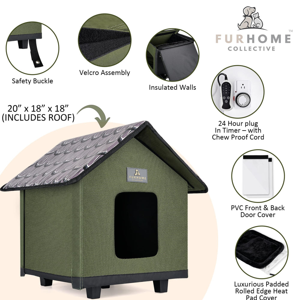 FurHome Collective heated cat house showing the separate heating pad for warmth.