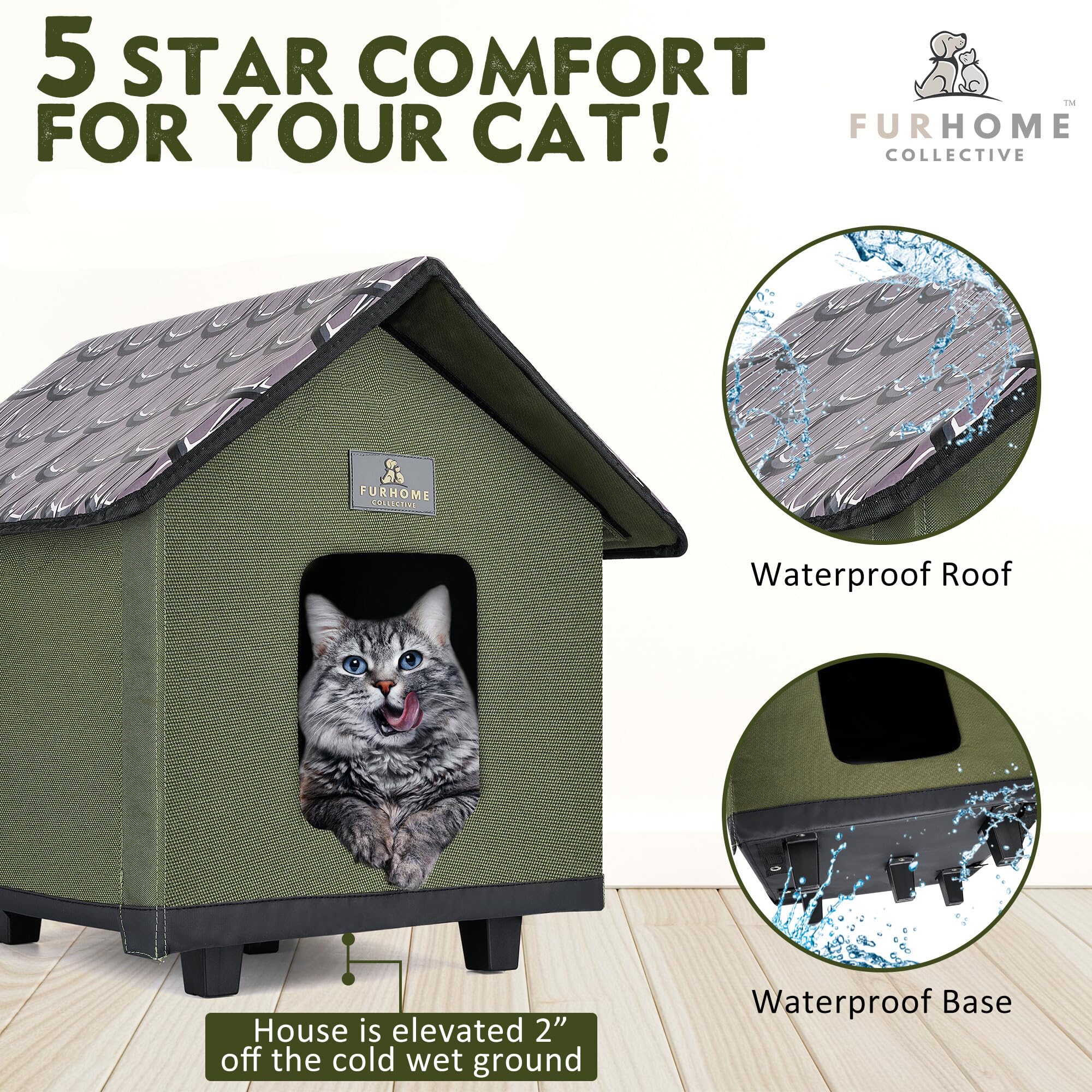 FurHome Collective waterproof roof and base protect kitty from rain and moisture.