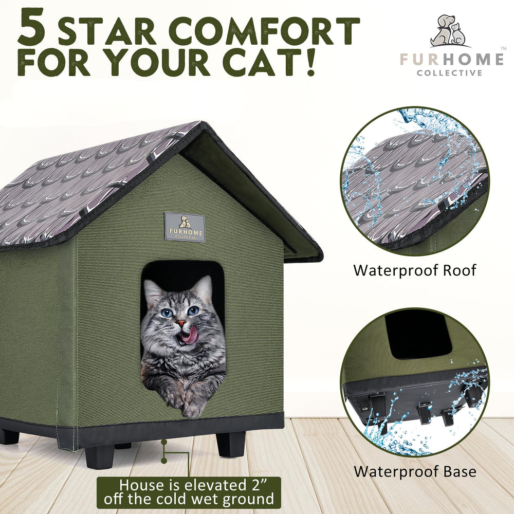 FurHome Collective waterproof roof and base protect kitty from rain and moisture.