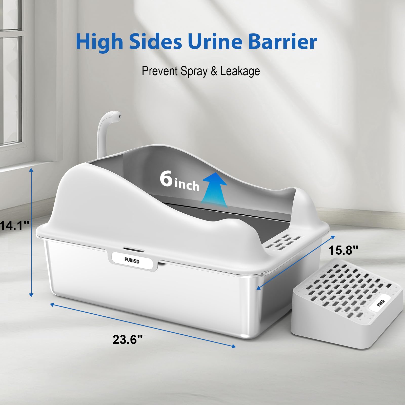 Furkid litterbox xl pedal-footrest facilitates paw cleaning to reduce mess.