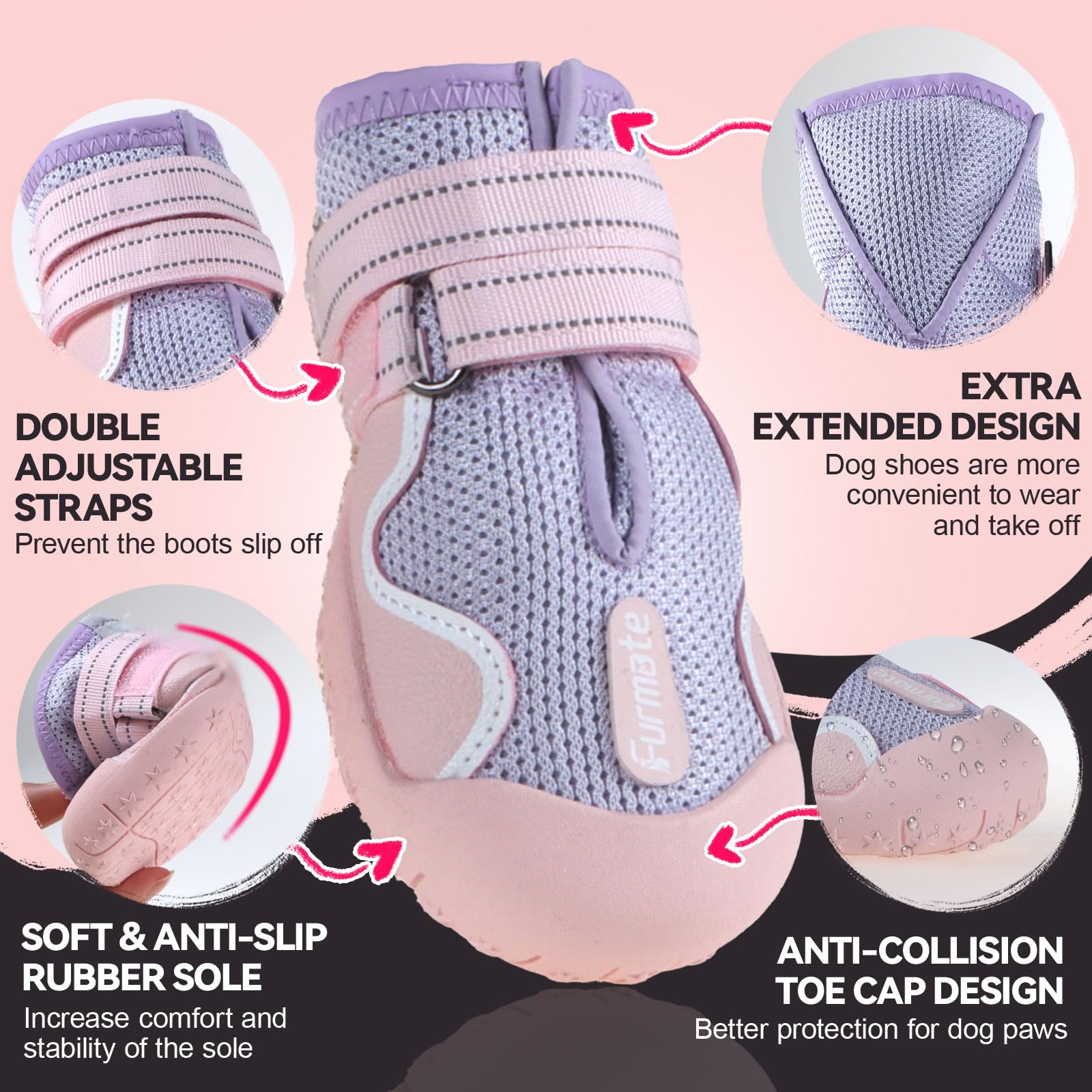 Furmate dog shoes side profile with adjustable reflective straps for secure nighttime walks.