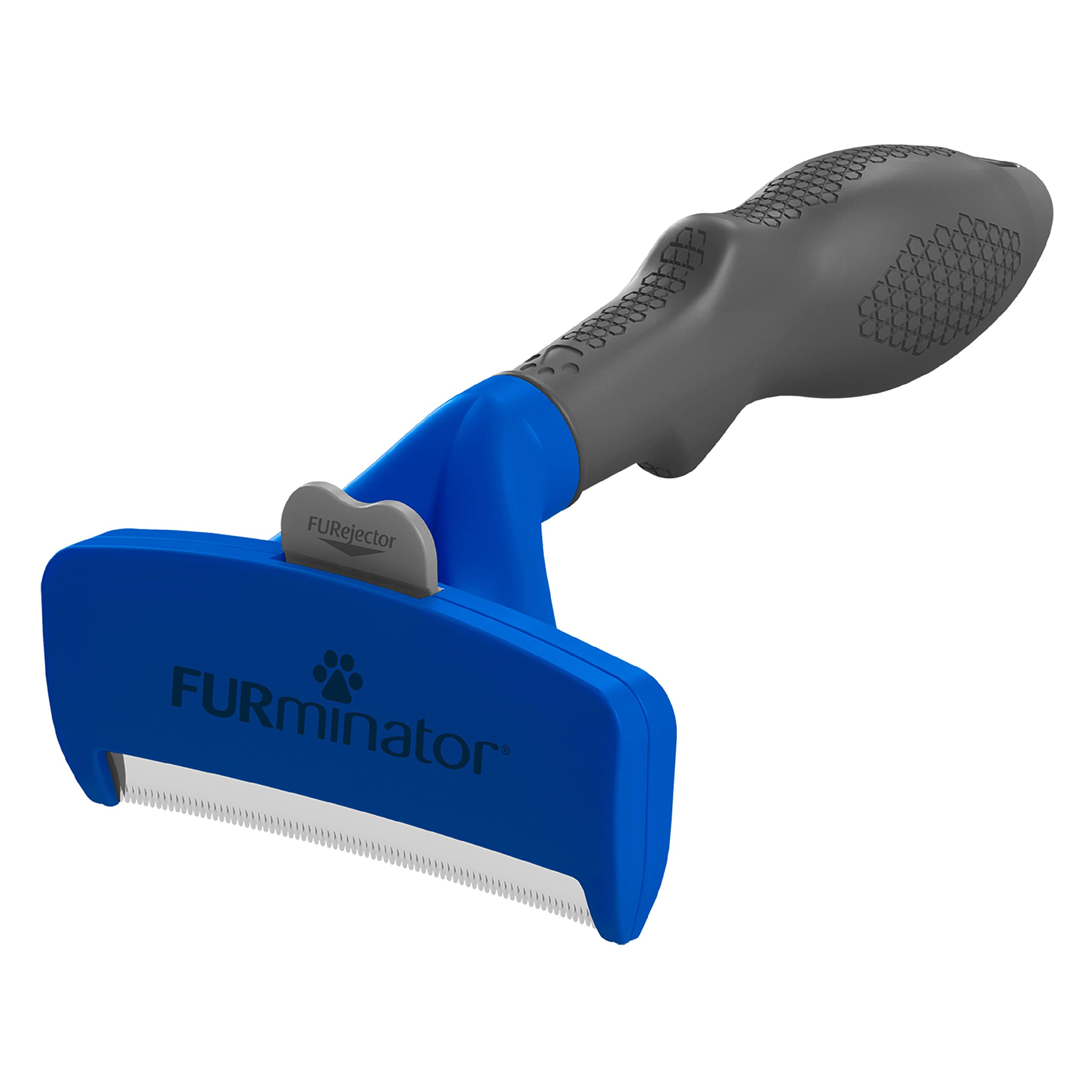 FURminator deshedding edge stainless steel closeup shows safe removal of undercoat hair.