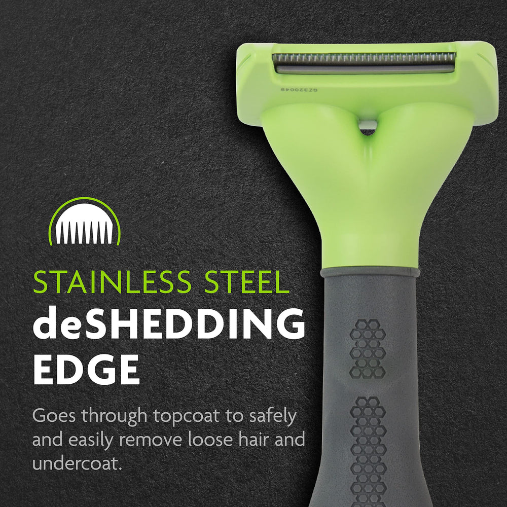 FURminator small-dog deshedding tool used weekly to reduce shed hair