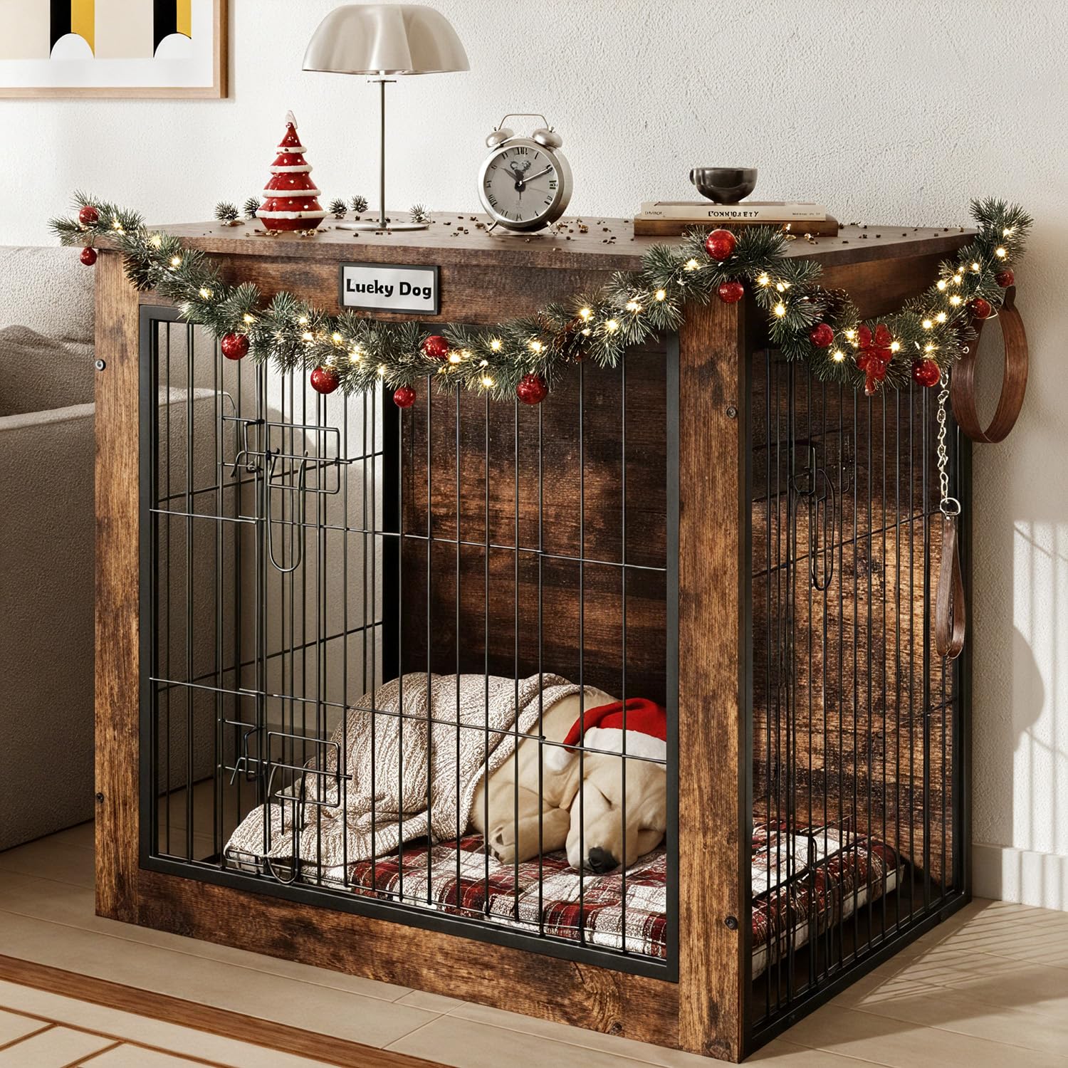 FurnPulse 28in dog crate end table with dual doors and den space.