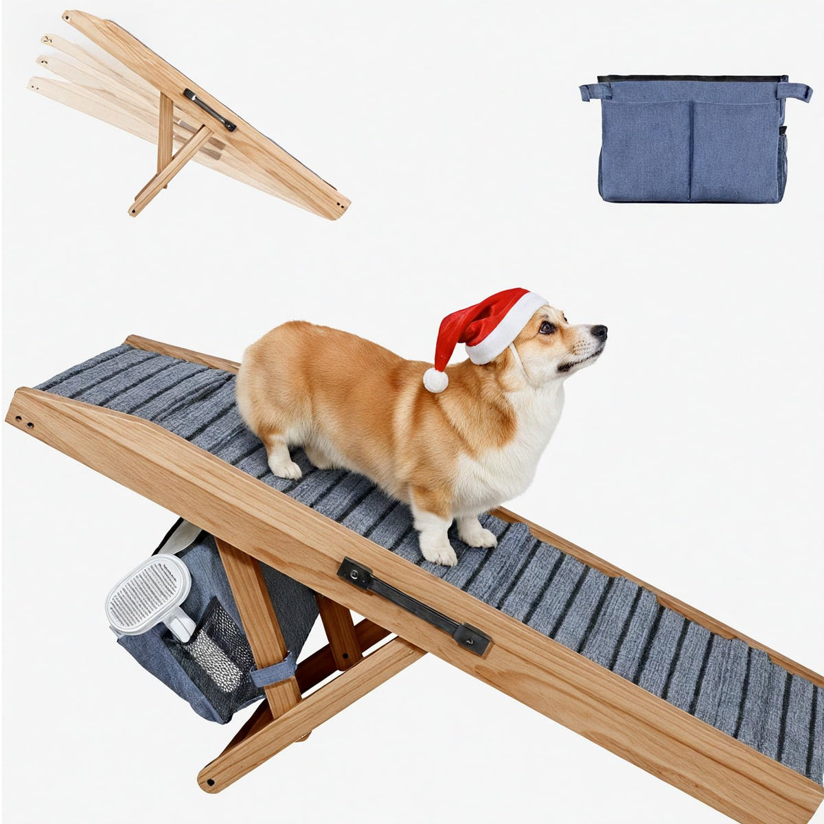 FurnPulse dog ramp with storage bag shown beside high bed for easy access.
