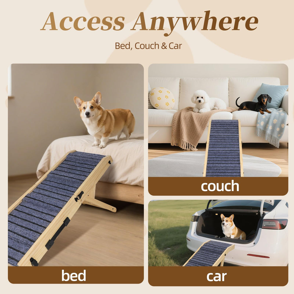 FurnPulse wooden ramp in use on a couch demonstrates safe, supported pet access.