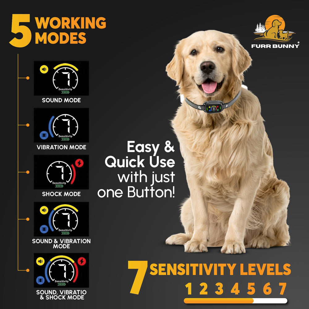 FURR BUNNY training modes showing beep, vibration, and shock options for tailored corrections.