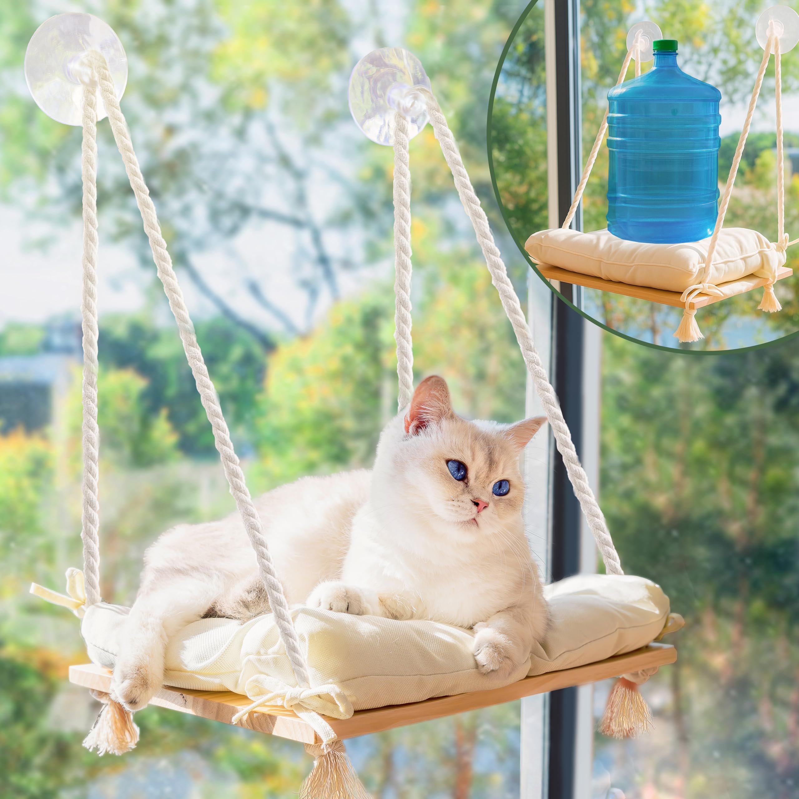 Furrfinity cat window perch on pine wood with plush cushion for cozy sunlit naps