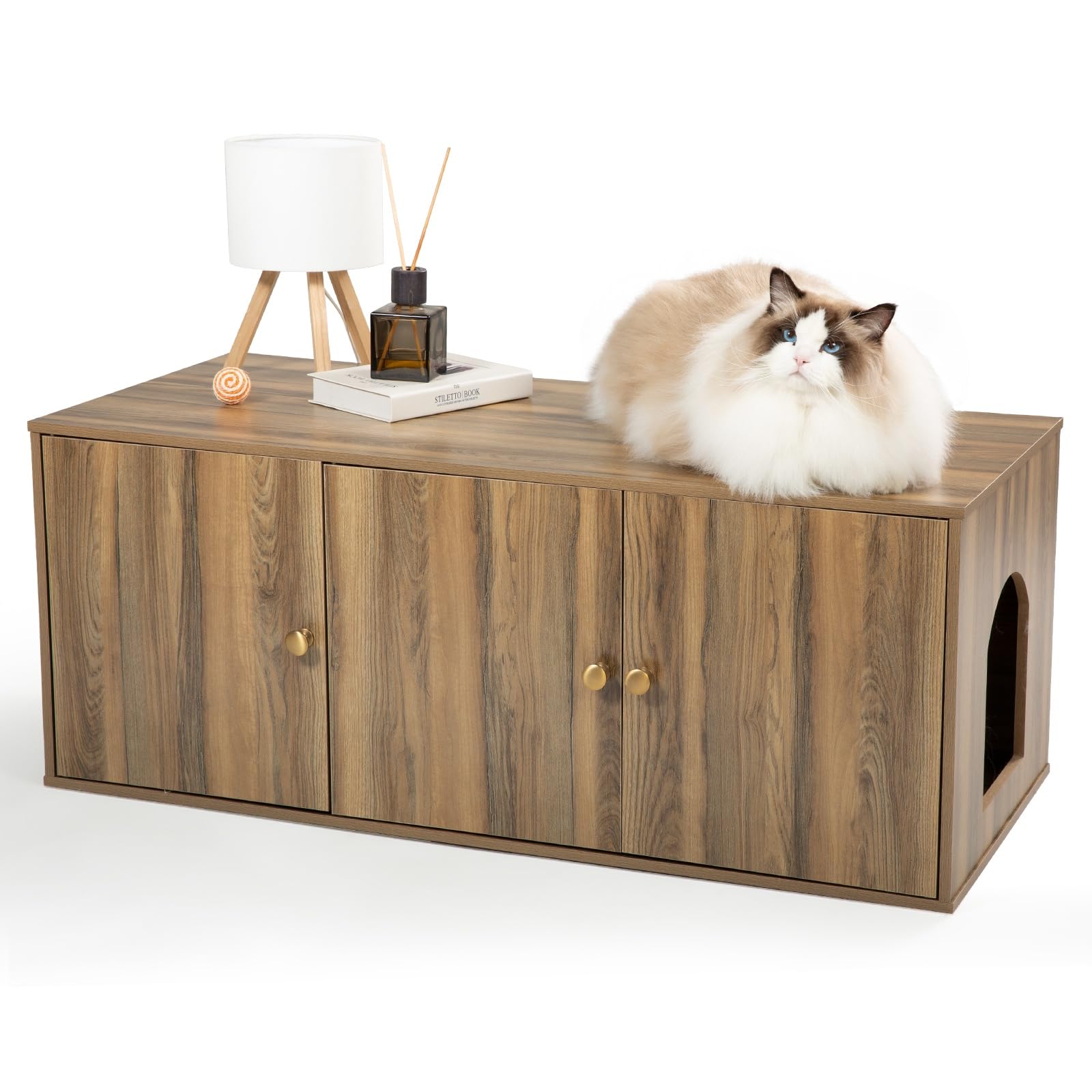 Furriends cat litter enclosure front view highlights discreet design for a cleaner living room.