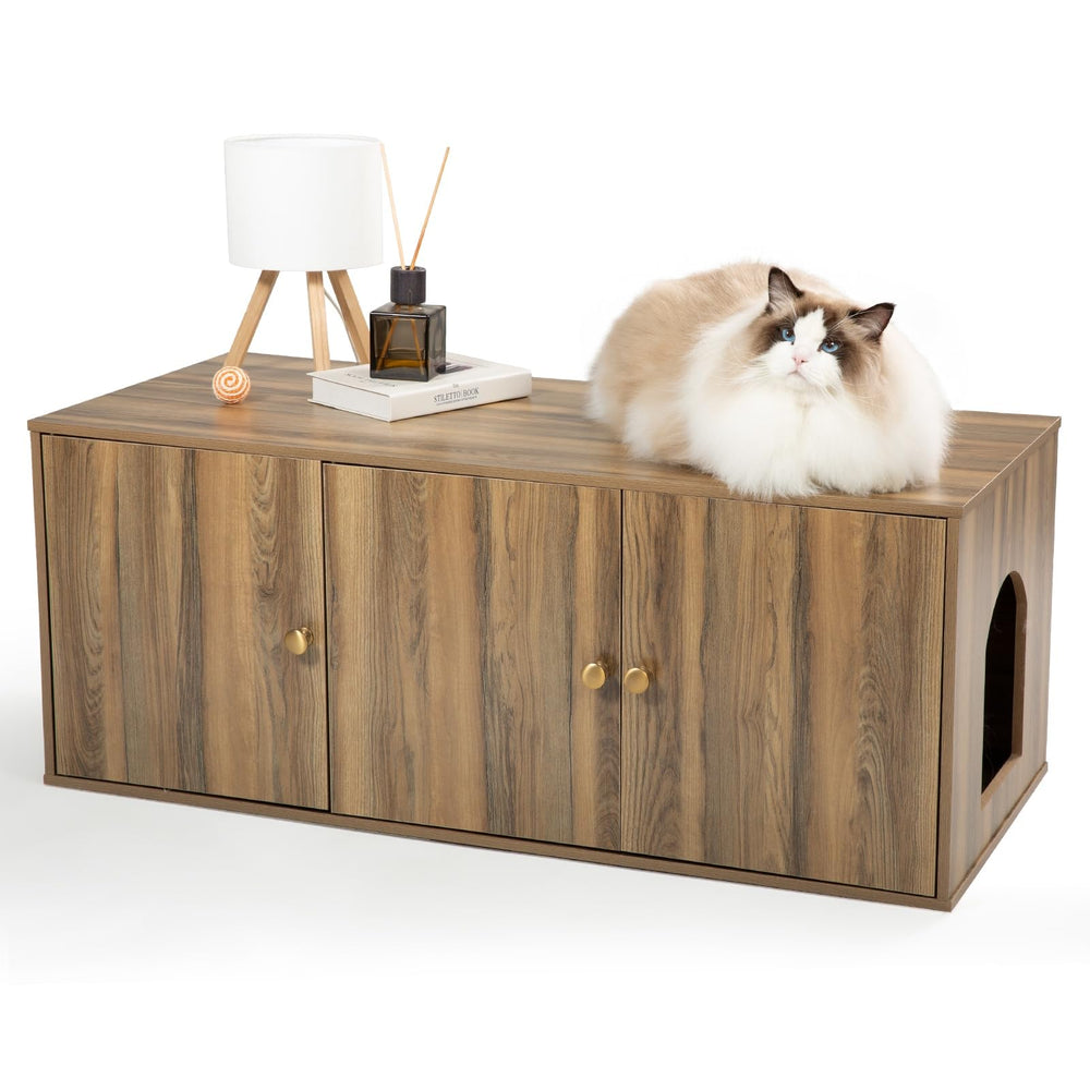 Furriends cat litter enclosure front view highlights discreet design for a cleaner living room.
