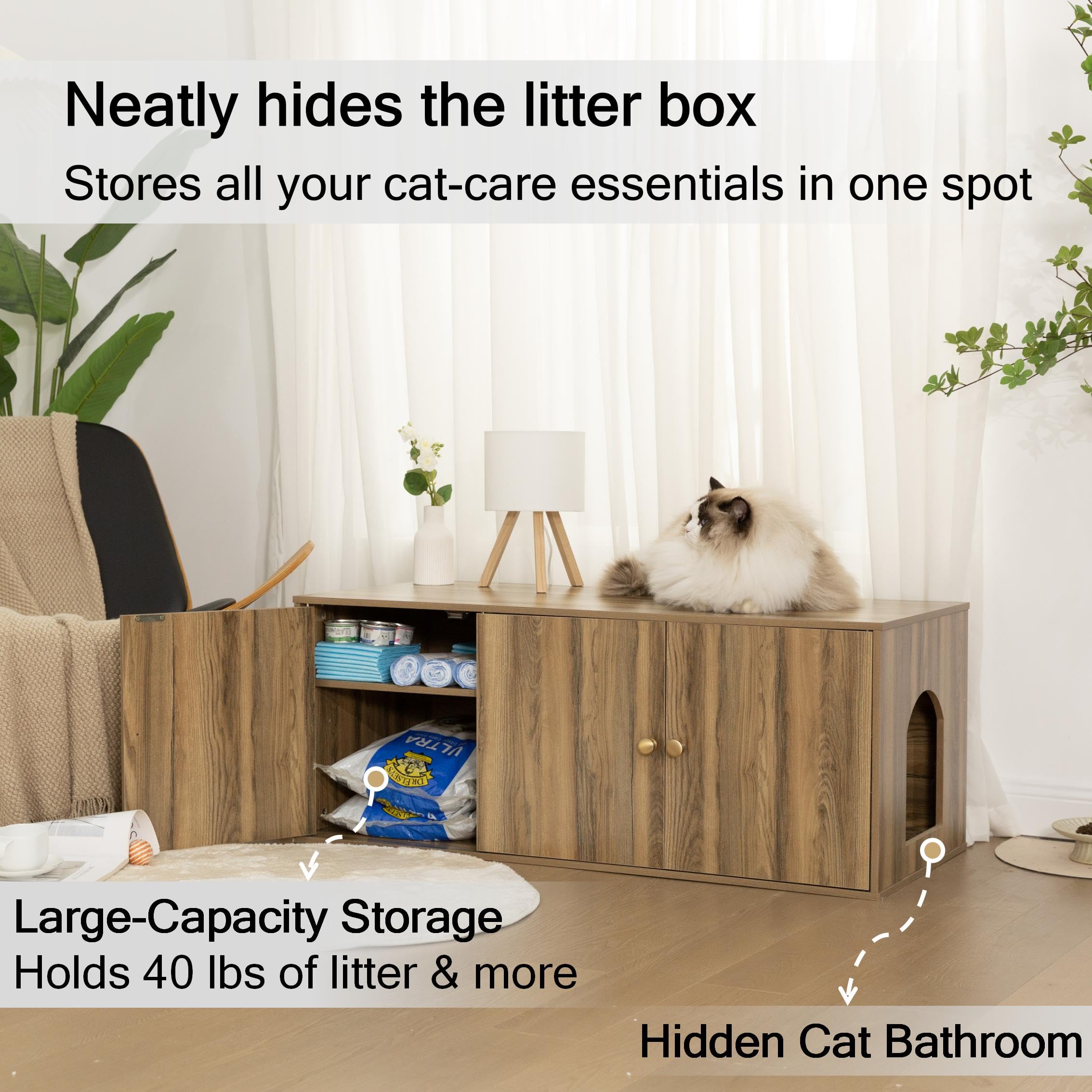 Furriends cat litter enclosure interior divider shows adjustable space for litter and supplies.
