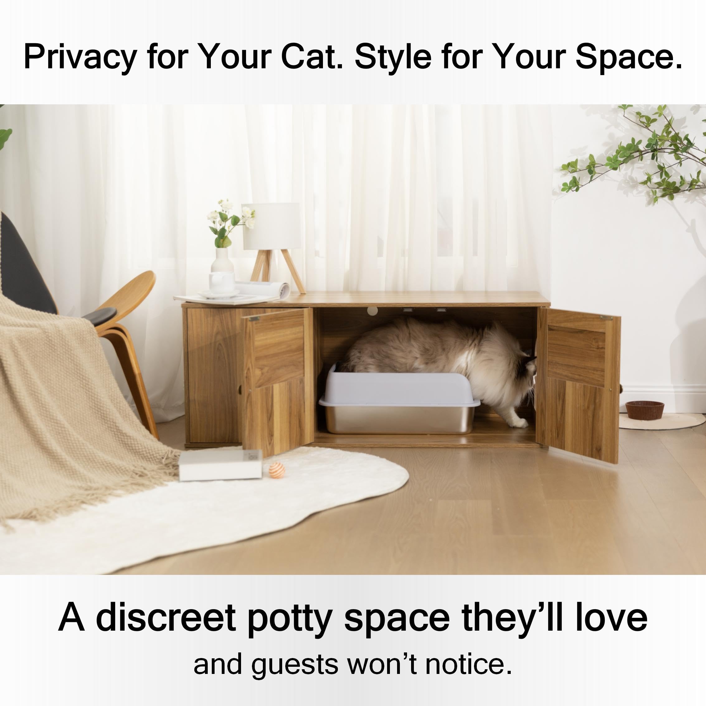 Furriends cat litter enclosure plain doors emphasize clean lines and versatile home style.