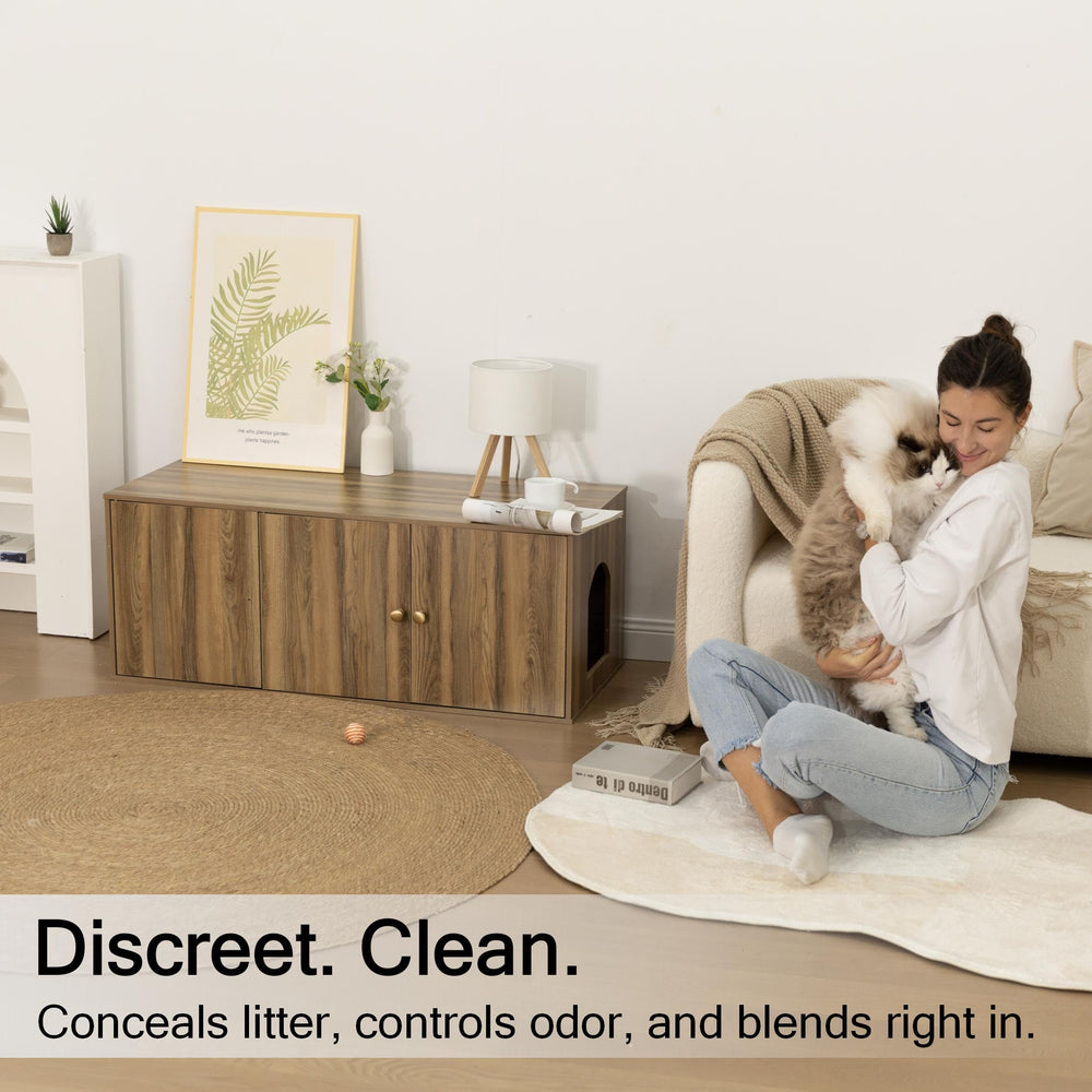 Furriends cat litter enclosure storage compartment demonstrates organized space for litter and pet gear.